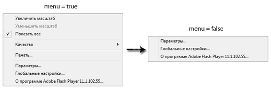Контекстное меню флеш-ролика и параметр menu